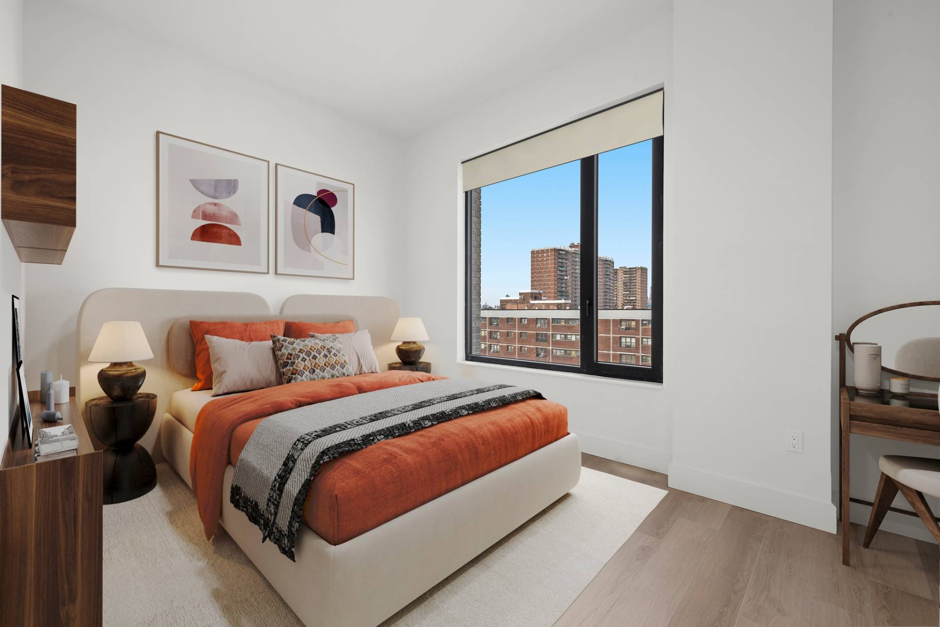 Primary Bedroom with wood floor, light walls and large window near bed