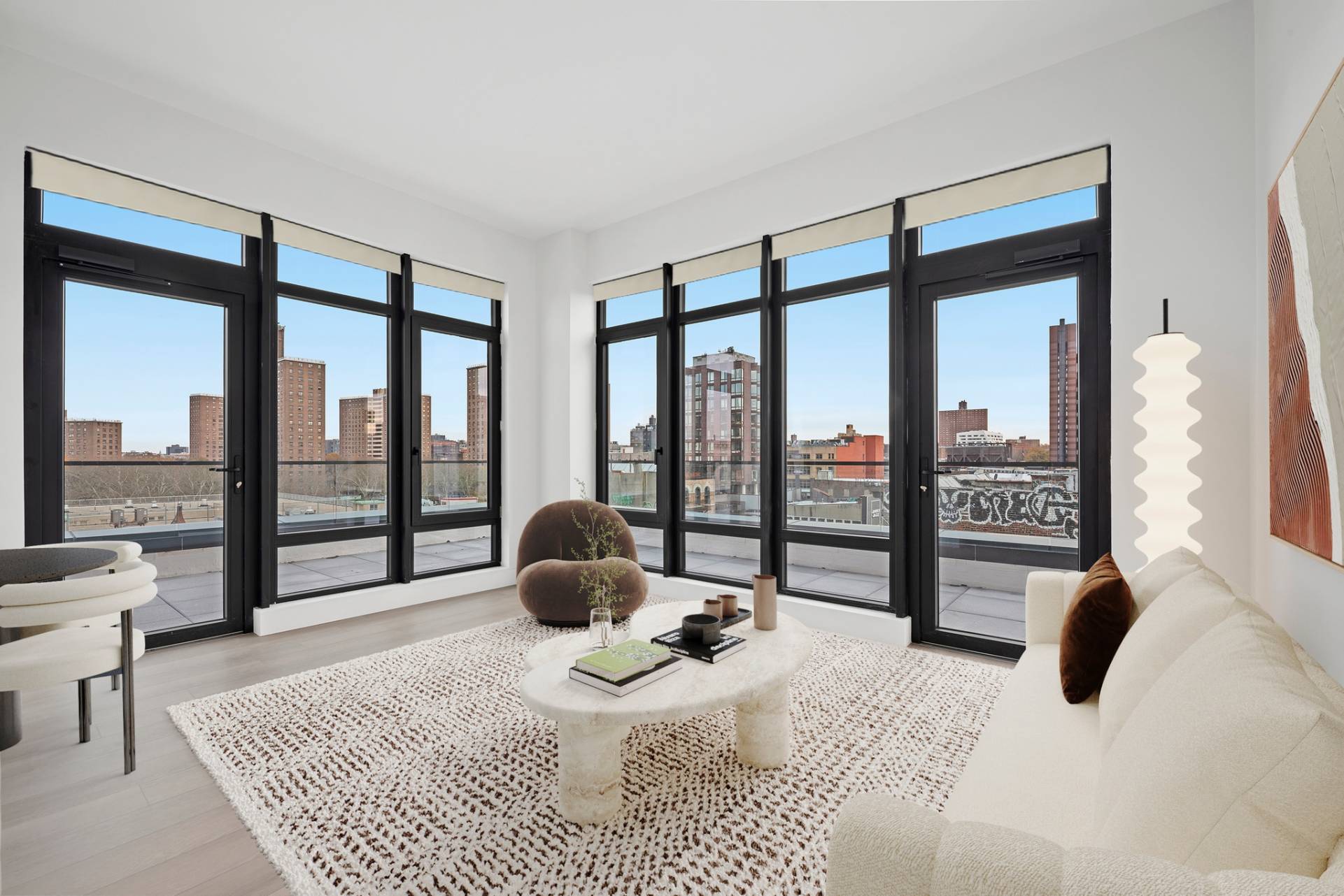 Corner Living Room, Modern with large windows and wood flooring